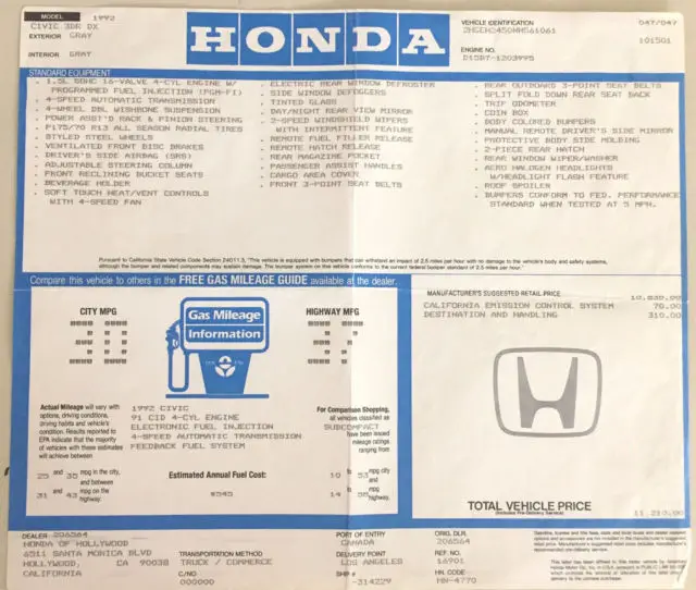 1992 honda civic dx hatchback mint like new condition
