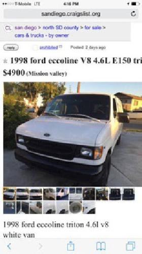 1998 ford eccoline e150 cargo van v8 4.6l clean title 91k mil in san diego, ca