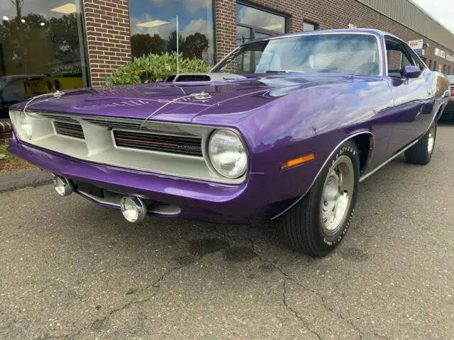 1970 plymouth `cuda 440-six pack rotosserie restoration plum crazy shacker hood