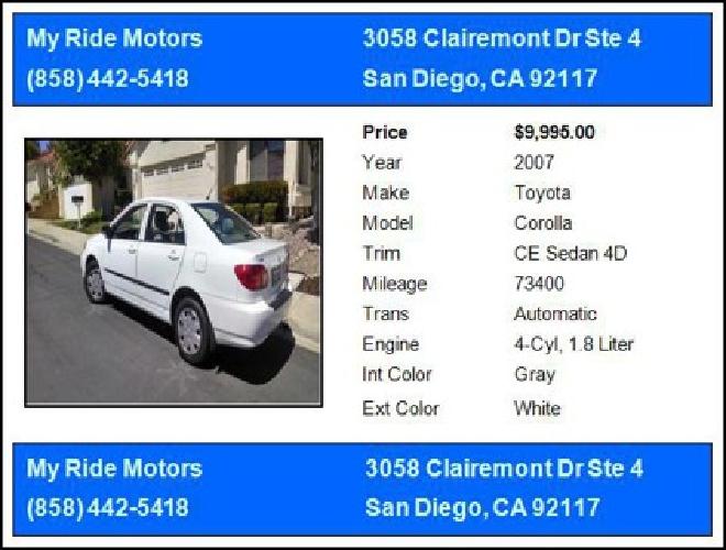2007 toyota corolla with 36,000 mile warranty included in san diego, ca