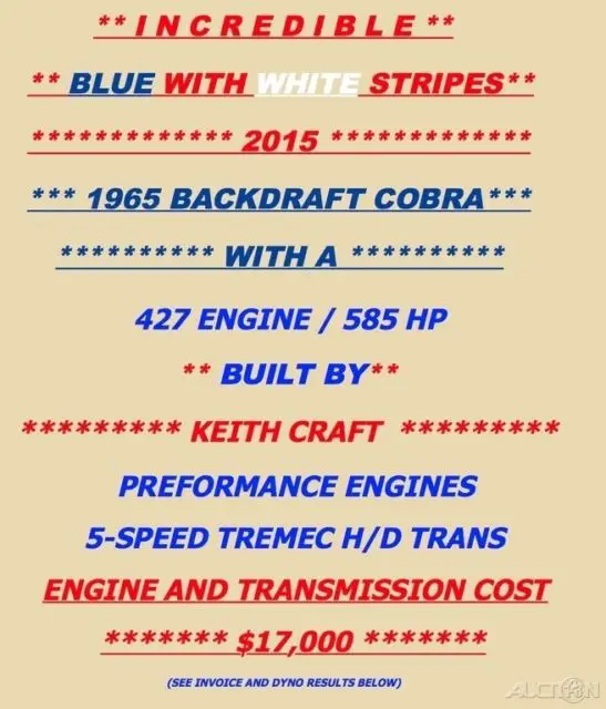 2015 used 2015 backdraft shelby cobra 427 rwd