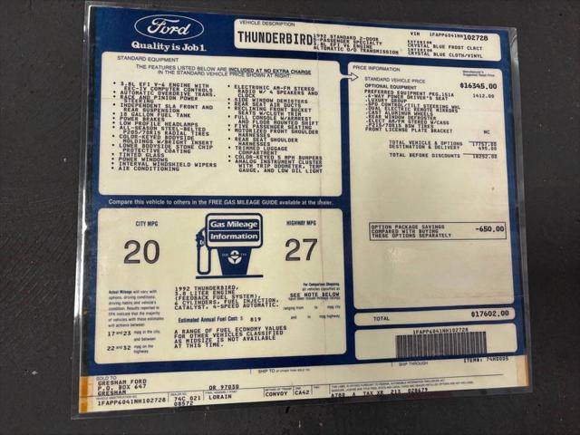 1992 ford thunderbird base