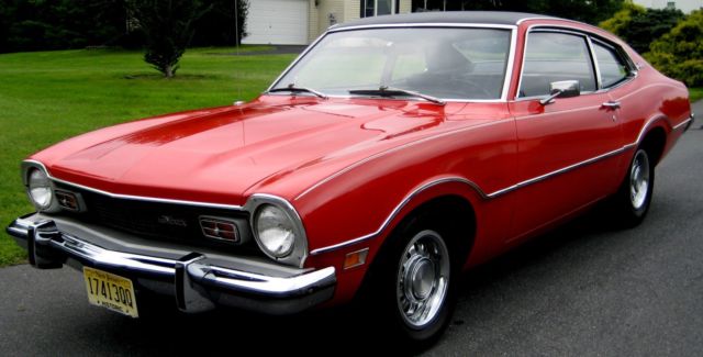 1973 rare maverick coupe,red/black,6 cyl opt.250,auto,ps,mustang chrome rims,exc