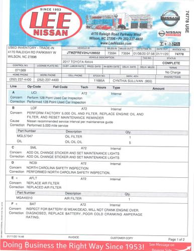 used 2017 toyota rav4 fwd le wilson, nc 27896 for sale in wilson, north carolina