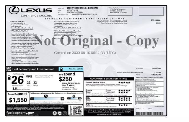 2020 lexus es 350 base