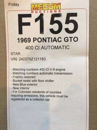 1969 gto restored classic 400 ci 8 cyl rwd engine and trans matching numbers