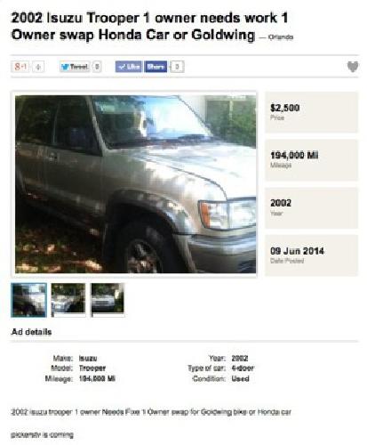 2002 isuzu trooper 1 owner starts but stalls trade for goldwing motorcycle in orlando, fl