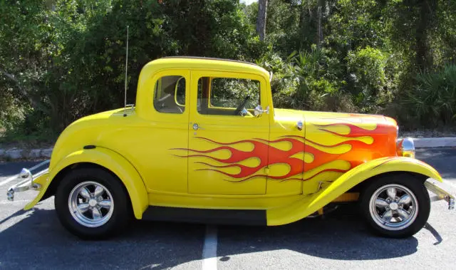 1932 ford model b modified 5 window coupe hot rod yellow w/flames rumble seat