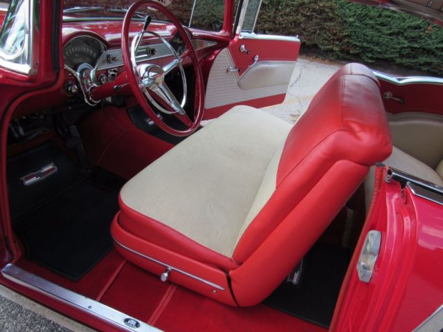 1955 gypsy red & india ivory v8 automatic chevy bel air hard top