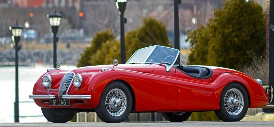 1951 jaguar xk120 roadster carmen red w wires, side curtains, tonnau cover