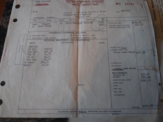 1967 chevy camaro rs ss 350 numbers matching with paperwork