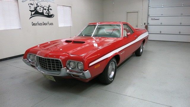 1972 ford ranchero "gt" 2 dr. in bright red finish w/ white stripes / wht. int