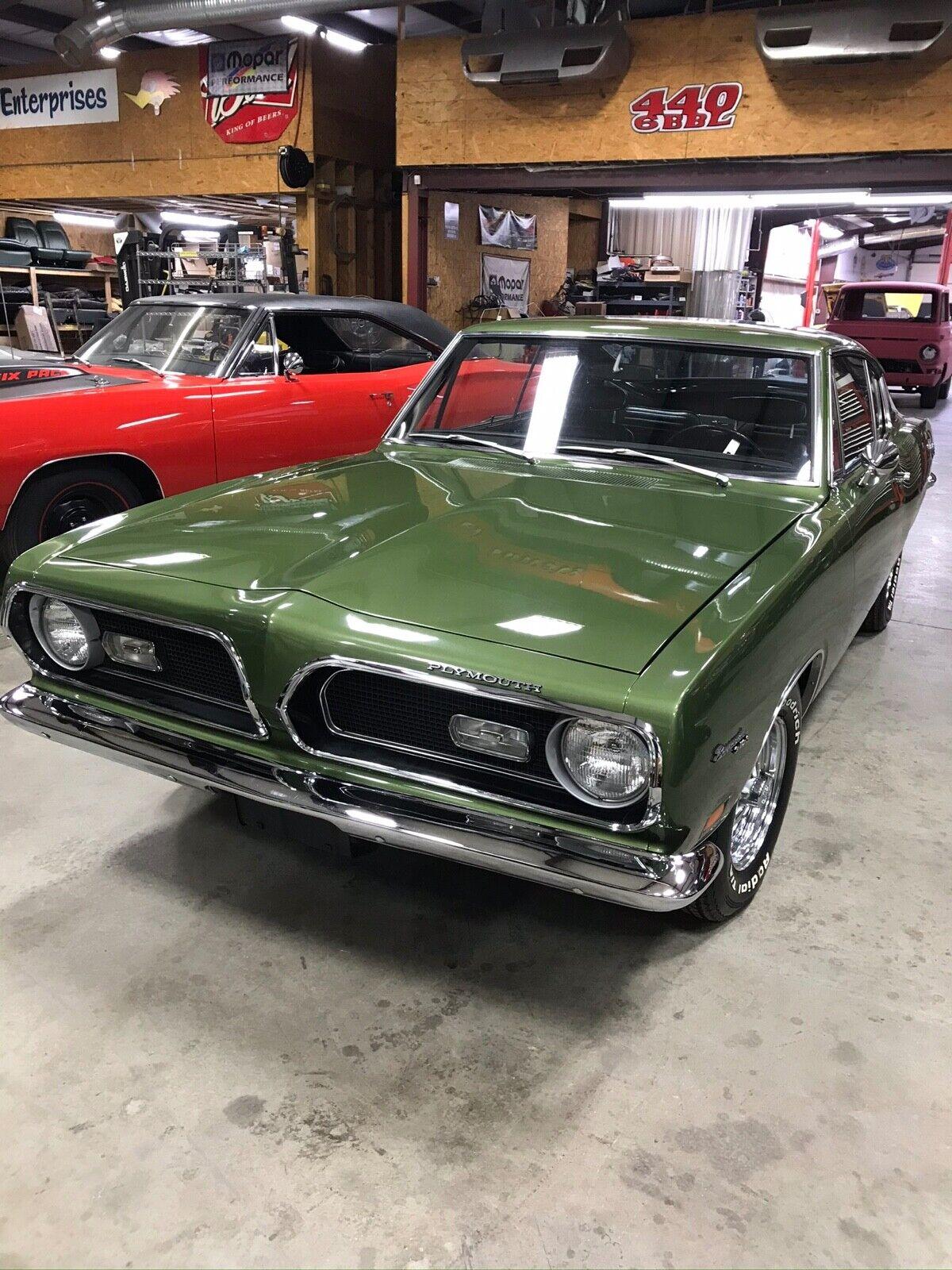 1969 plymouth barracuda green metallic body stripes