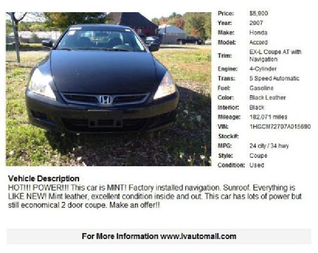 obo 2007 honda accord ex-l coupe at with navigation!! obo in lords valley, pa