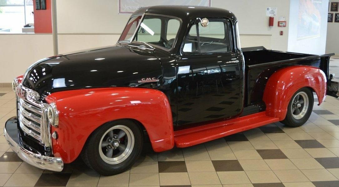 1953 gmc 5-window pickup v8 black with red fenders