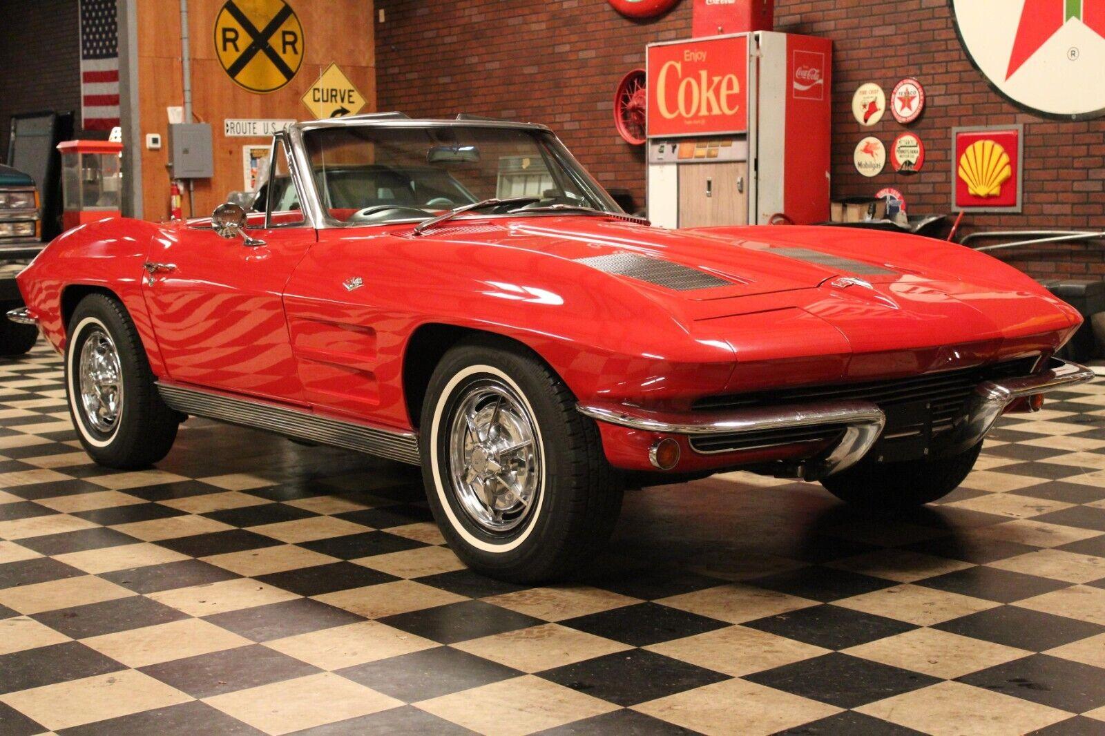 1963 chevrolet corvette convertible sports red with black interior white soft top