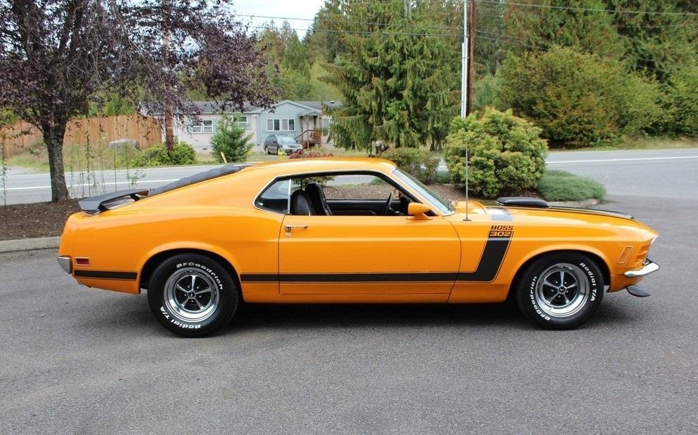1970 ford mustang boss 302, 351c, 4-speed, grabber orange, shaker hood