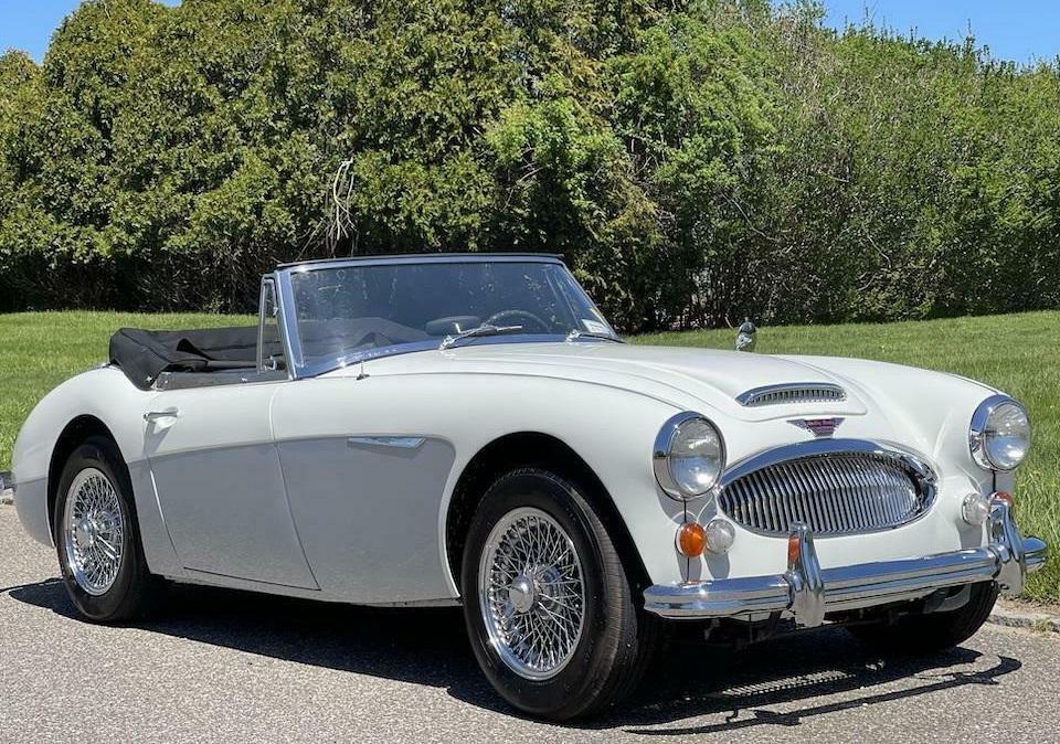 1966 austin healey 3000 mark iii white and gray over a black leather interior